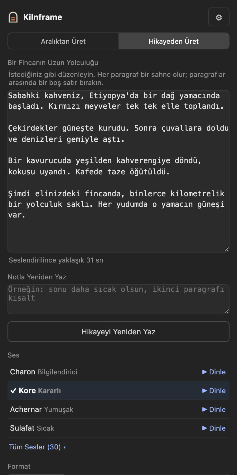 Hikaye modu: yazılan metin ve sesler